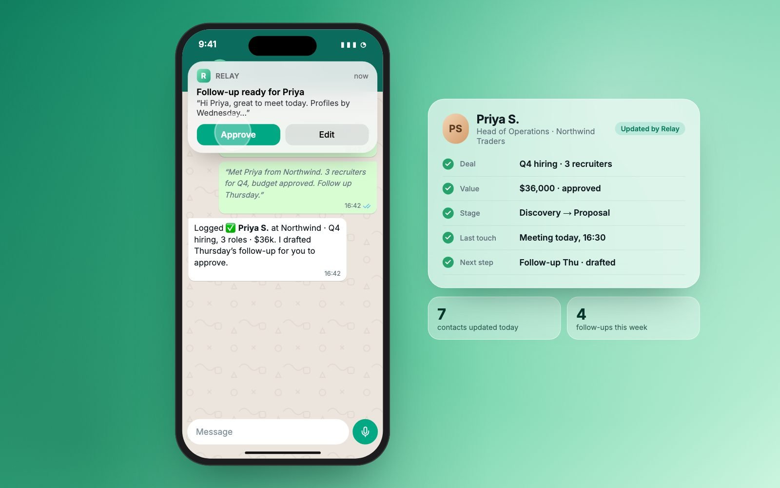 Relay: The owner tells the agent about a meeting in WhatsApp